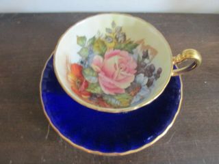 Aynsley England Tea Cup And Saucer Roses Gold Cobalt Blue Signed J A Bailey 2
