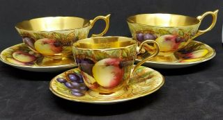 Vtg Set Of 3 Aynsley Tea Cup & Saucer Fruit Orchard Gold Signed D Jones N Brunt