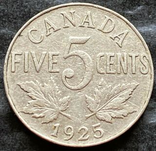 1925 Canada 5 Cent Nickel - Key Date Coin - Vg/f