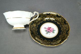 Paragon A1077 Pink Rose Black & Gold Vintage Bone China Tea Cup & Saucer 2