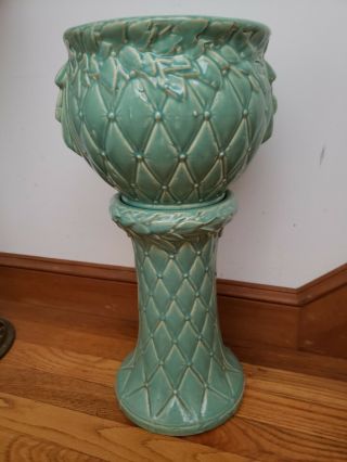 Vintage Mccoy Turquoise Blue Quilted Jardiniere Planter W/pedestal Stand 20 "