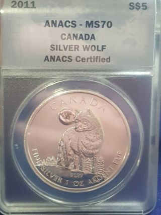 2011 Canada 1 Oz Silver $5 Coin Wildlife Series - Silver Wolf Anacs Ms70
