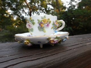 Exquisite Meissen Demitasse Cup & Saucer Decorated W/ Delicate Applied Flowers