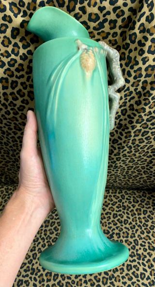 851 - 15 Roseville Pinecone Green Ewer Vase 1931 Measures 15 - 1/2”