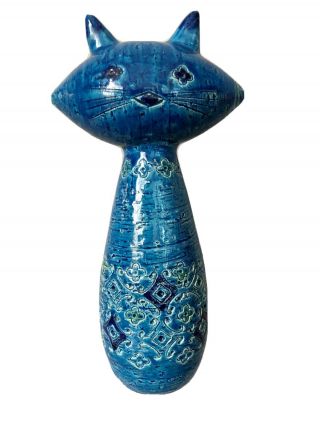 Vintage Mid Century Bitossi Italy Ceramic 10.  5” Blue Rimini Cat Figurine 27069