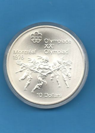 1974 Canada.  925 Silver $10 Dollars Montreal Olympics Xxi Lacrosse Unc 1.  44 Oz