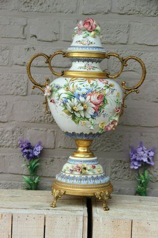 Vintage Italian Capodimonte Porcelain Relief Floral Decor Vase Lidded 1970