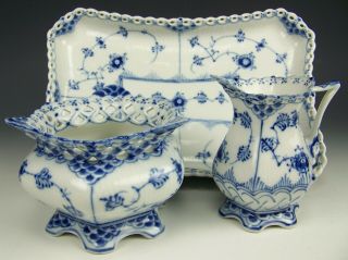 Royal Copenhagen Blue Fluted Full Lace Creamer & Sugar With Tray 1st Quality