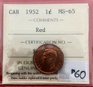 1952 Canada One Cent Penny Coin - Iccs Gem Ms - 65 Red