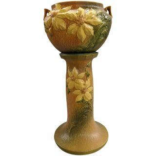 Roseville Pottery Clematis Flower 667 - 8 Jardiniere On Pedestal