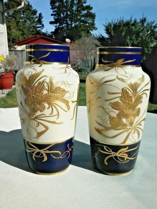 Vases Pair Cream/cobalt Blue Heavy Gold Worcester