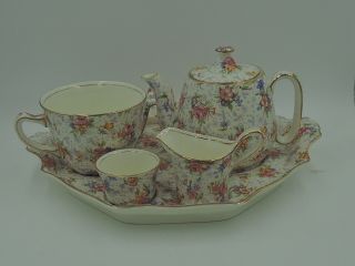 Vintage Royal Winton Chintz Eleanor Breakfast Set Teapot Tea For One Pink Roses