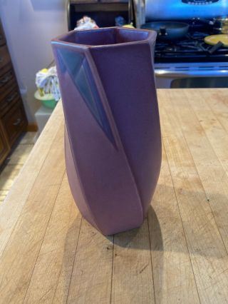 Roseville Futura 1920 Art Deco Pottery Hexagon Twist Vase 8 “ Matte Plum Glaze