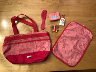 American Girl Bitty Baby Pink Diaper Bag,  Accessories Wipes Lotion Comb Rattle