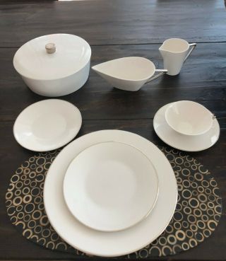 Calvin Klein Platinum Dinnerware.  White Porcelain With Silver Edges,  Set Of 12