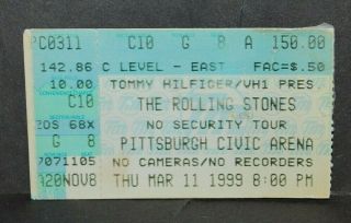 1999 The Rolling Stones No Security Tour Concert Ticket Stub.  Pittsburgh Pa