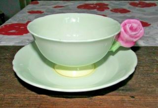 Rare Paragon Double Warrant Pastel Yellow Green Rose Handle Tea Cup & Saucer