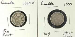 2 Canadian Silver 10 - Cent Coins - 1880 H And 1888 - 1888 Is