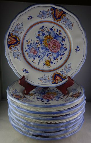 Set Of 8 Deruta Italian Pottery Dinner Plates Hand Painted Floral Design