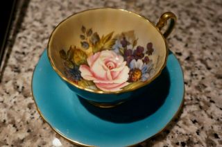 Aynsley English Teacup And Saucer Pink Cabbage Rose Turquoise Signed Bailey
