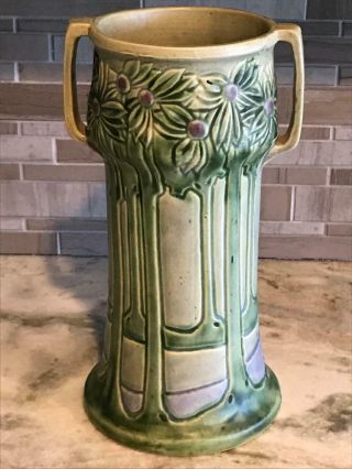 Rare 12 " Roseville Art Pottery Vista Or Forest Double Handled Vase Early 129 - 12
