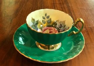 Aynsley J A Bailey Tea Cup & Saucer Cabbage Rose - Emerald Green - Teacup Signed