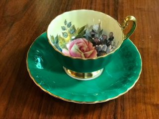 Aynsley J A Bailey Tea Cup & Saucer Cabbage Rose - Emerald Green - Teacup Signed 2