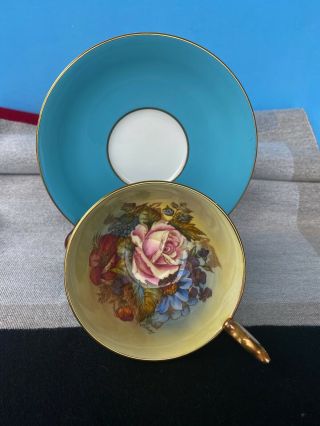 Stunning Aynsley Turquoise Blue Teacup & Saucer Cabbage Rose Signed J A Bailey