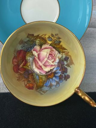STUNNING AYNSLEY TURQUOISE BLUE TEACUP & SAUCER CABBAGE ROSE SIGNED J A BAILEY 2
