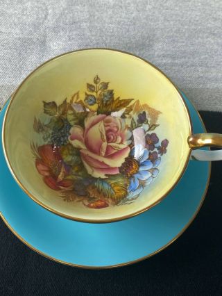 STUNNING AYNSLEY TURQUOISE BLUE TEACUP & SAUCER CABBAGE ROSE SIGNED J A BAILEY 3