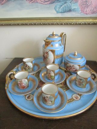Royal Vienna Style Austria Demitasse Portrait Tea Set W Tray Gold Turquoise Blue