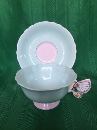 Royal Paragon Green/pink Tea Cup & Saucer Butterfly Handle