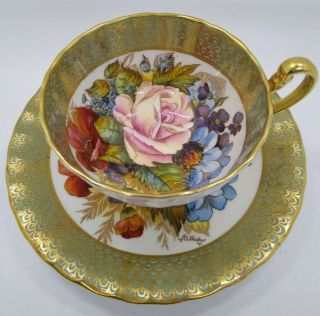 Rare Aynsley Cabbage Rose Vintage Tea Cup & Saucer Signed J A Bailey Gold Euc