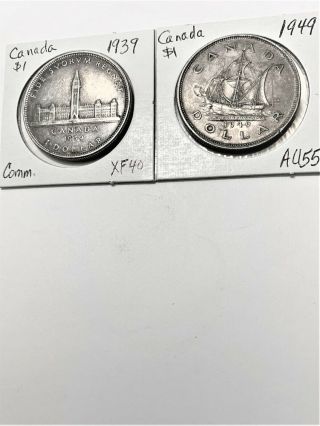 2 Canadian Silver Dollars: 1939 (xf) & 1949 (au, )
