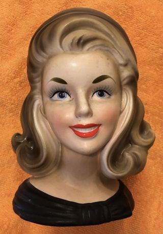 Vintage Lady Head Vase,  Inarco E - 2783,  " Toothpaste Girl ",  Brunette,  Black Dress