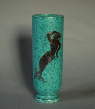 Rare 1929 Gustavsberg Argenta Swedish Art Deco Nude Mermaid Overlay Vase Perfect