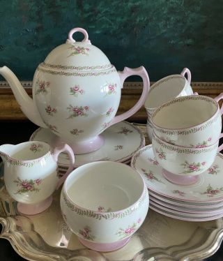 Scarce Shelley Teapot Tea Set Bridal Rose Spray Pink Roses (5) Trios,  C & S Exc