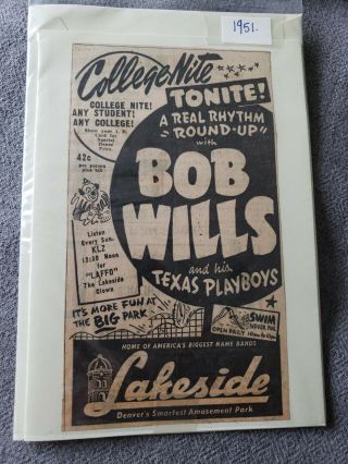 1951 Bob Wills Texas Playboys Ad Mounted On Card W/envelope 4x7 Ad