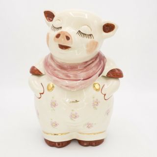 Vtg Shawnee Pottery Smiley Pig Cookie Jar Red Scarf Pink Daisy Decals Gold Trim