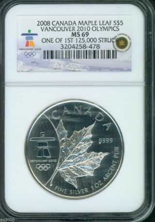 2008 Canada Maple Leaf 1 Oz.  S$5 Silver Vancouver 2010 Olympics Ngc Ms69