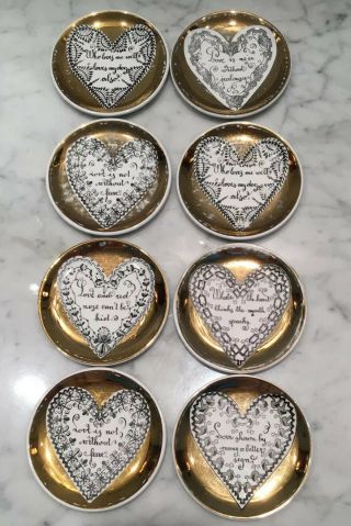 8 Fornasetti Gold Love Coasters Valentines Heart Mcm Italian Modernism Plates