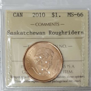 2010 Saskatchewan Roughriders Canada Loonie One Dollar Coin Iccs Ms - 66 Xjf459