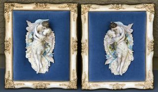 Vintage Pair Capodimonte Lovers Figural Porcelain Bisque Figurine Wall Plaques