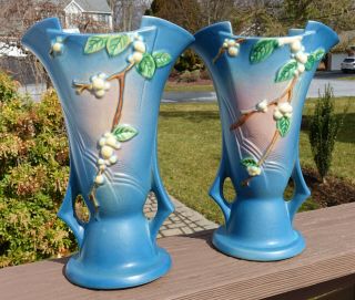 Pair Large Roseville Art Pottery Snowberry Persian Blue Vases Iv2 - 12 Vg