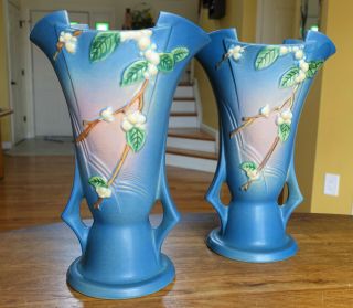 Pair Large Roseville Art Pottery Snowberry Persian Blue Vases IV2 - 12 VG 2
