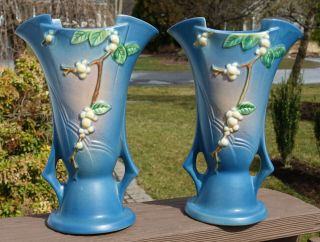 Pair Large Roseville Art Pottery Snowberry Persian Blue Vases IV2 - 12 VG 3