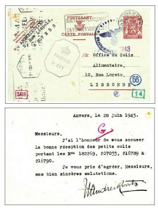 Ww2 Undercover Mail: 1943 From Occupied Belg.  To Lisbon.  Various Censors 