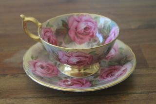 Rare Aynsley Cabbage Rose Teacup Saucer Tea Cup Roses Pink Gold