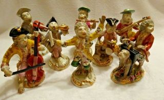 Exquisite Set Of Eight Vintage Porcelain Hand Painted Monkey Band Figurines