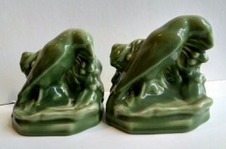 Vintage Rookwood Pottery Rook Bird Green Bookends